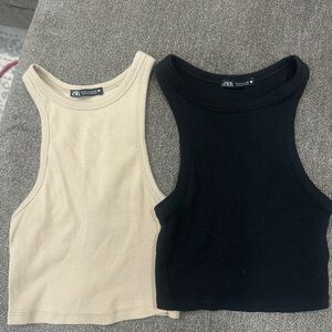 Zara Women's Black and Cream Crop Tops